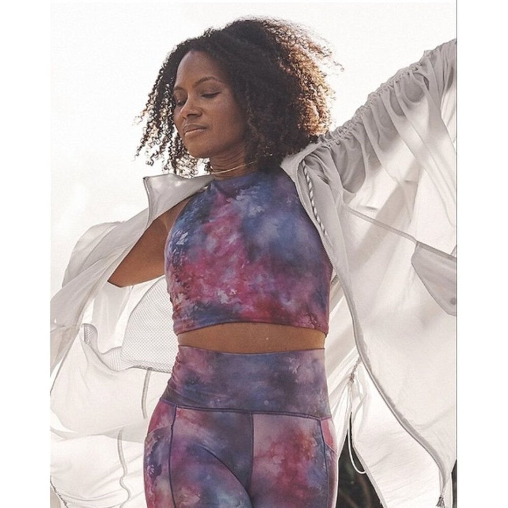 Athleta navy blue purple supernova tie dye print Conscious Crop sports bra